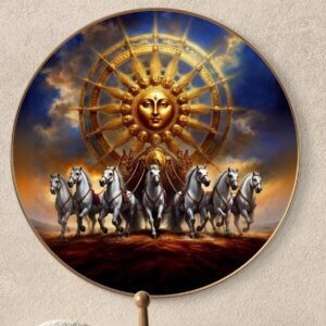 Surya Dev Seven Horses Round Wall Art with Premium PVC Golden Frame | HD Print with Sparkle Lamination | Sun God & 7 Running Horses Spiritual Wall Painting for Living Room, Bedroom, Office & Pooja Room
