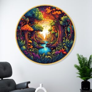 Premium Nature Landscape Round Wall Art Collection with Golden Frame | Forest, Mountain, River & Sunset Scenic Paintings for Living Room, Bedroom & Office
