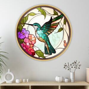 Hummingbird & Floral Round Wall Art with Premium PVC Round Golden Frame | HD Print with Sparkle Lamination | Nature & Bird Wall Decor for Living Room Bedroom Office