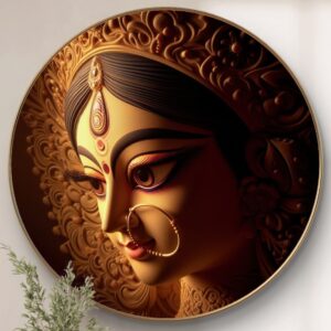 Premium Durga Maa Round Wall Painting Collection with Golden PVC Frame | HD Divine Art with Sparkle Lamination | Traditional Indian Spiritual Wall Art for Pooja Room Living Room & Home Decor