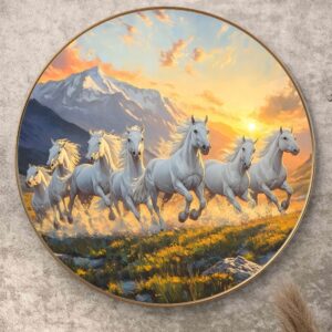 Seven Running Horses Nature Round Wall Art with Premium PVC Golden Frame | HD Print with Sparkle Lamination | Horse Wall Painting for Living Room, Bedroom & Office