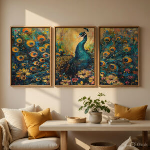 Peacock & Royal Palace Wall Painting Set of 3 with Premium Synthetic Wooden Frame | HD Print with Sparkle Lamination for Living Room Bedroom Decor
