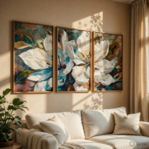 Modern Blue Floral & Botanical Wall Painting Set of 3 Collection with Premium Synthetic Wooden Frame | HD Print with Sparkle Lamination for Living Room Bedroom Office Decor