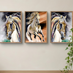 White Horse & Running Horses Wall Painting Set of 3 with Premium Synthetic Wooden Frame | HD Print with Sparkle Lamination for Living Room Bedroom Office Decor