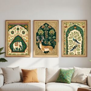 Traditional Indian Royal Wildlife Wall Painting Set of 3 with Premium Synthetic Wooden Frame | HD Print with Sparkle Lamination for Living Room Bedroom Office Decor