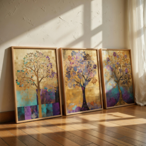 Tree of Life, Forest & Nature Wall Painting Set of 3 with Premium Synthetic Wooden Frame | HD Print with Sparkle Lamination for Living Room Bedroom Office Decor
