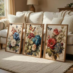 Floral & Butterfly Wall Painting Set of 3 with Premium Synthetic Wooden Frame | HD Print with Sparkle Lamination for Living Room Bedroom Office Decor