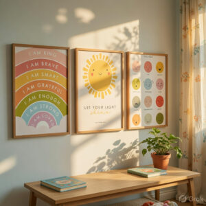 Kids Room Educational & Nursery Wall Painting Set of 3 with Premium Synthetic Wooden Frame | HD Print with Sparkle Lamination