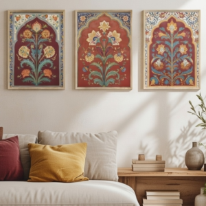 Mughal Floral Heritage Wall Painting Set of 3 with Premium Synthetic Wooden Frame | HD Print with Sparkle Lamination for Living Room Bedroom Office Decor
