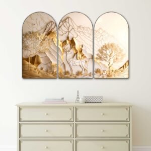 Set of 3 Golden Deer Mountain Arched Wall Paintings | Luxury Nature, Landscape & Modern Gold Wall Art for Living Room, Bedroom, Office & Hotels
