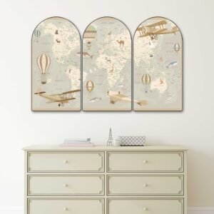 Set of 3 Kids World Map Adventure Arched Wall Paintings | Animals, Airplanes & Hot Air Balloon Map Wall Art for Kids Room, Study Room, Playroom & Nursery