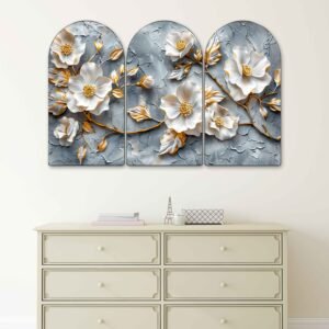 Set of 3 Premium Floral Arched Wall Paintings | White Flower & Gold Accent Modern Botanical Wall Art for Living Room, Bedroom, Dining Room & Office