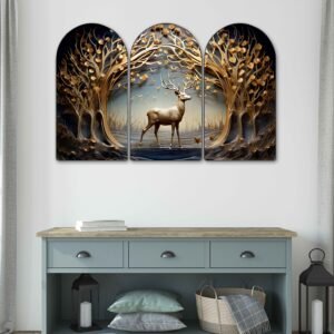 Set of 3 Deer Forest Arched Wall Paintings | Golden Woodland, Watercolor & Floral Deer Wall Art | Premium Nature Decor for Living Room, Bedroom, Office & Hotels