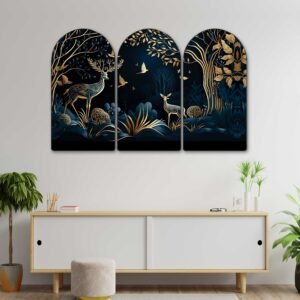 Set of 3 Deer Forest Arched Wall Paintings | Golden Woodland, Blue Mountain & Luxury Nature Wall Art for Living Room, Bedroom, Office & Hotels
