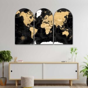 Set of 3 World Map Arched Wall Paintings | Black Gold & Colorful World Map Wall Art | Modern Travel Decor for Living Room, Office, Study Room & Hotels
