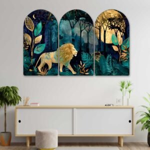 Set of 3 Forest Wildlife Arched Wall Paintings | Lion Jungle & Colourful Folk Art Nature Wall Art for Living Room, Bedroom, Office & Hotels