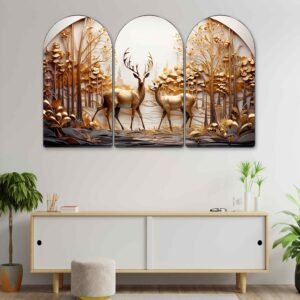 Set of 3 Golden Deer Forest Arched Wall Paintings | Luxury Woodland, Nature & Botanical Wall Art for Living Room, Bedroom, Office & Hotels