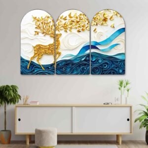 Set of 3 Arched Golden Deer Wall Paintings Collection | HD Print on MDF Board with Sparkle Lamination & Golden PVC Frame for Living Room Bedroom Office