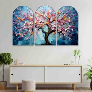 Set of 3 Floral & Blossom Tree Arched Wall Paintings | Colorful Botanical, Flower & Nature Wall Art for Living Room, Bedroom, Office & Hotels