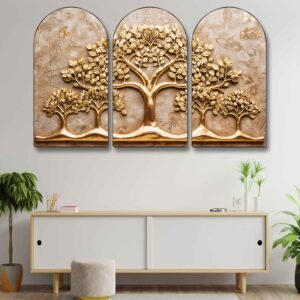 Set of 3 Golden Tree of Life Arched Wall Paintings | Luxury Nature & Botanical Wall Art | Modern Statement Wall Decor for Living Room, Bedroom, Office & Hotels