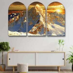 Set of 3 Mountain Landscape Arched Wall Paintings | Sunrise, Blue Lake & Modern Gold Nature Wall Art for Living Room, Bedroom, Office & Hotels