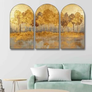 Set of 3 Premium Arched Tree Wall Paintings | Abstract Forest, Golden Landscape, Sunset & Colourful Tree of Life Wall Art for Living Room & Bedroom