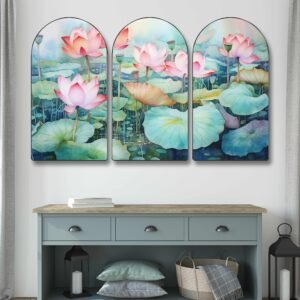 Set of 3 Arched Lotus Flower Wall Paintings Collection | Botanical Floral Nature Wall Art | HD Print on MDF Board with Sparkle Lamination for Living Room Bedroom Office