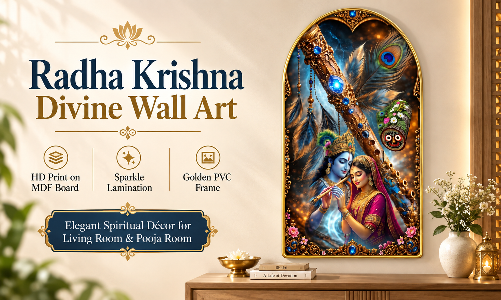 Radha Krishna with Flute & Peacock Feather banner