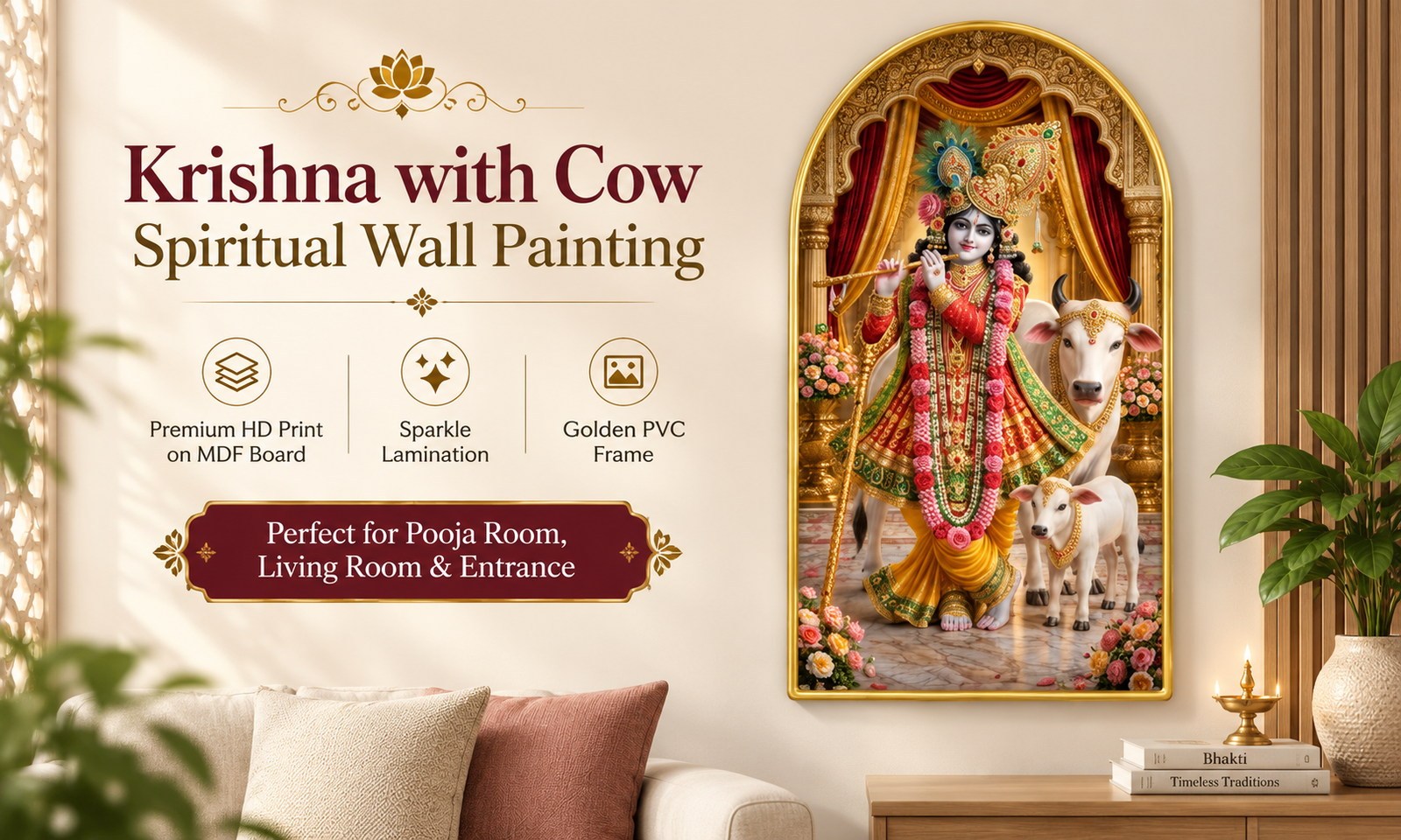 Krishna with Cows in Royal Temple Setting banner