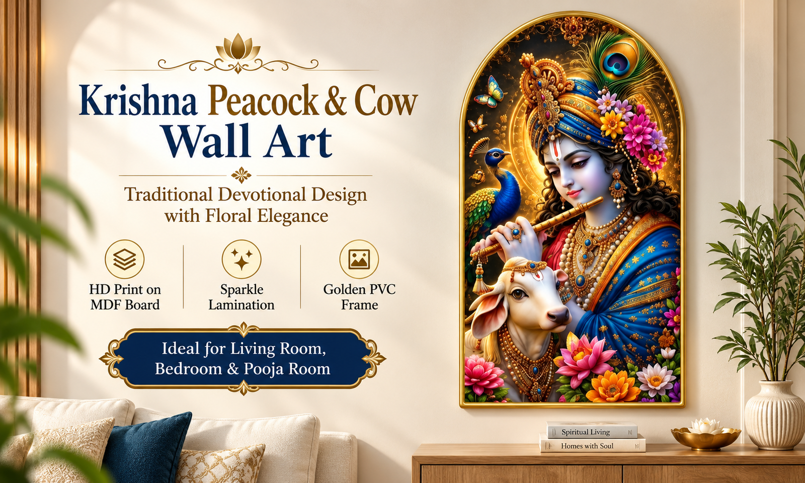 Krishna with Cow, Peacock & Lotus Flowers banner