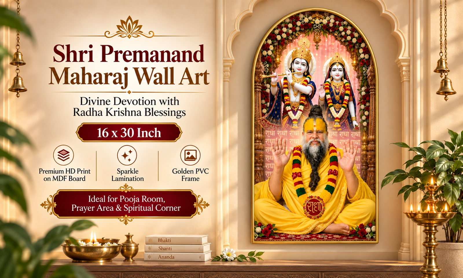 Shri Premanand Maharaj with Radha Krishna banner
