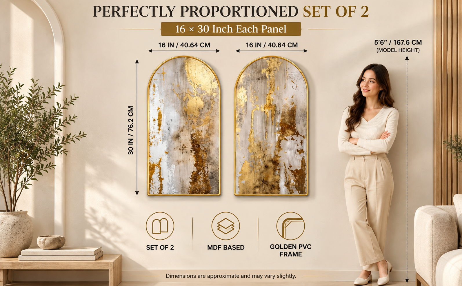 Size and Scale Guide for Set of 2 Abstract Arched Wall Paintings - 16 x 30 Inch Each