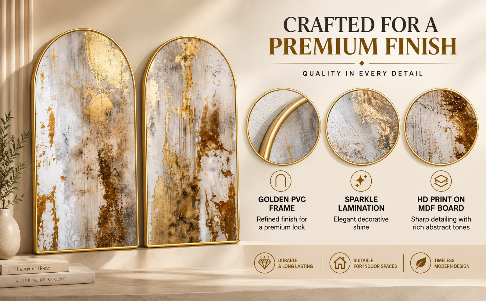 Premium Materials and Finish - HD Print on MDF Board, Sparkle Lamination and Golden PVC Frame