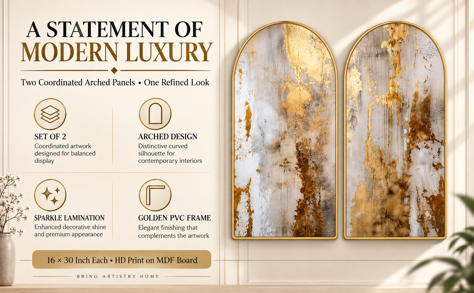 A Statement of Modern Luxury - Set of 2 Abstract Arched Wall Paintings