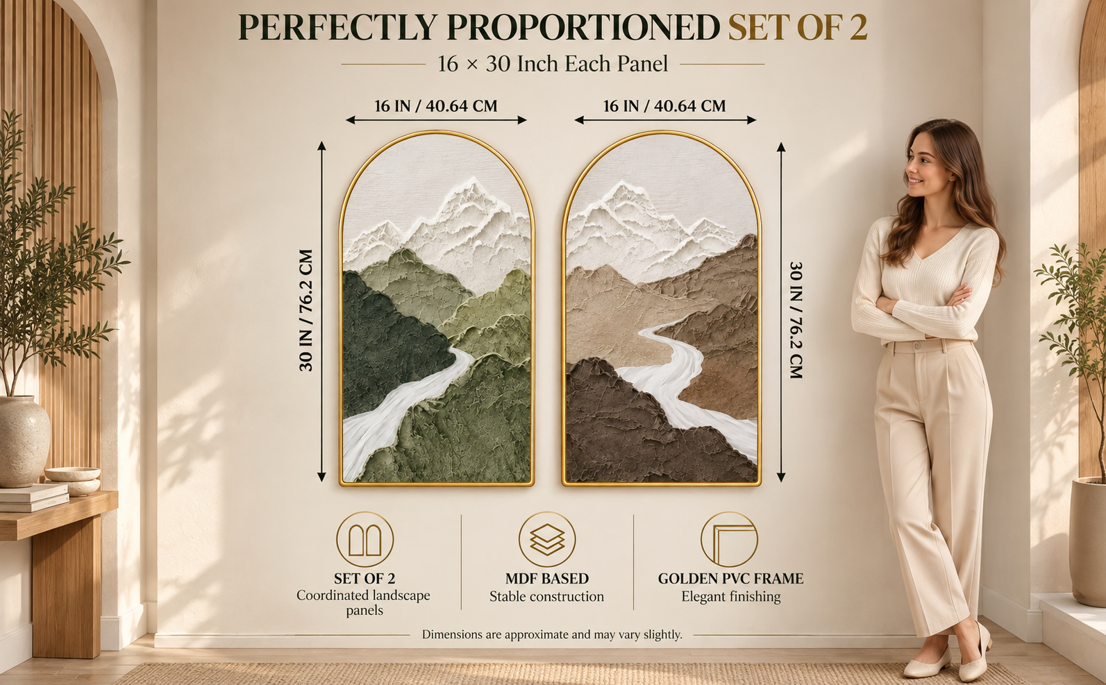 Set of 2 Mountain Arched Wall Paintings size and scale guide