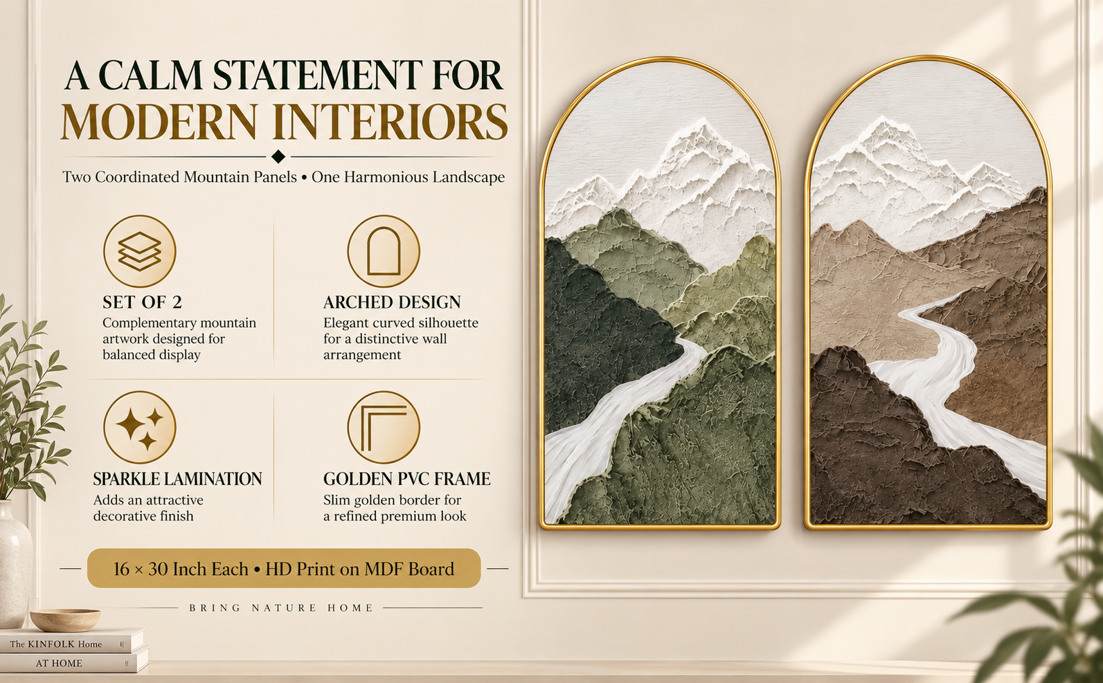 Set of 2 Mountain Arched Wall Paintings feature highlights