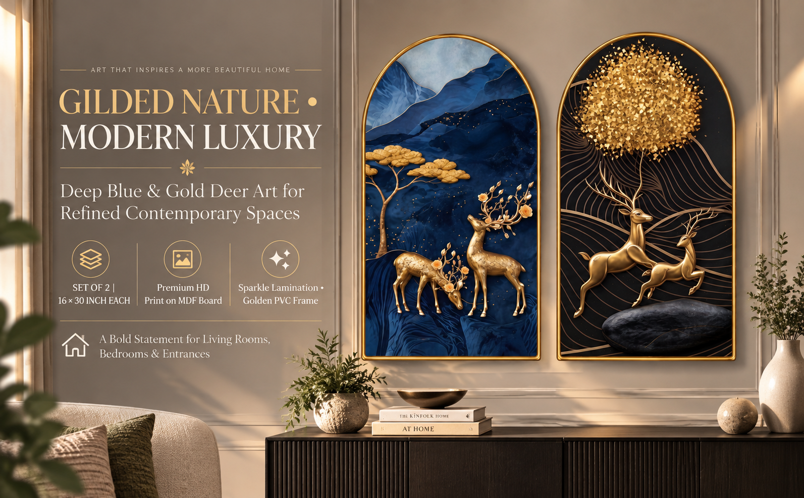 Blue & Black Golden Deer Abstract Landscape banner