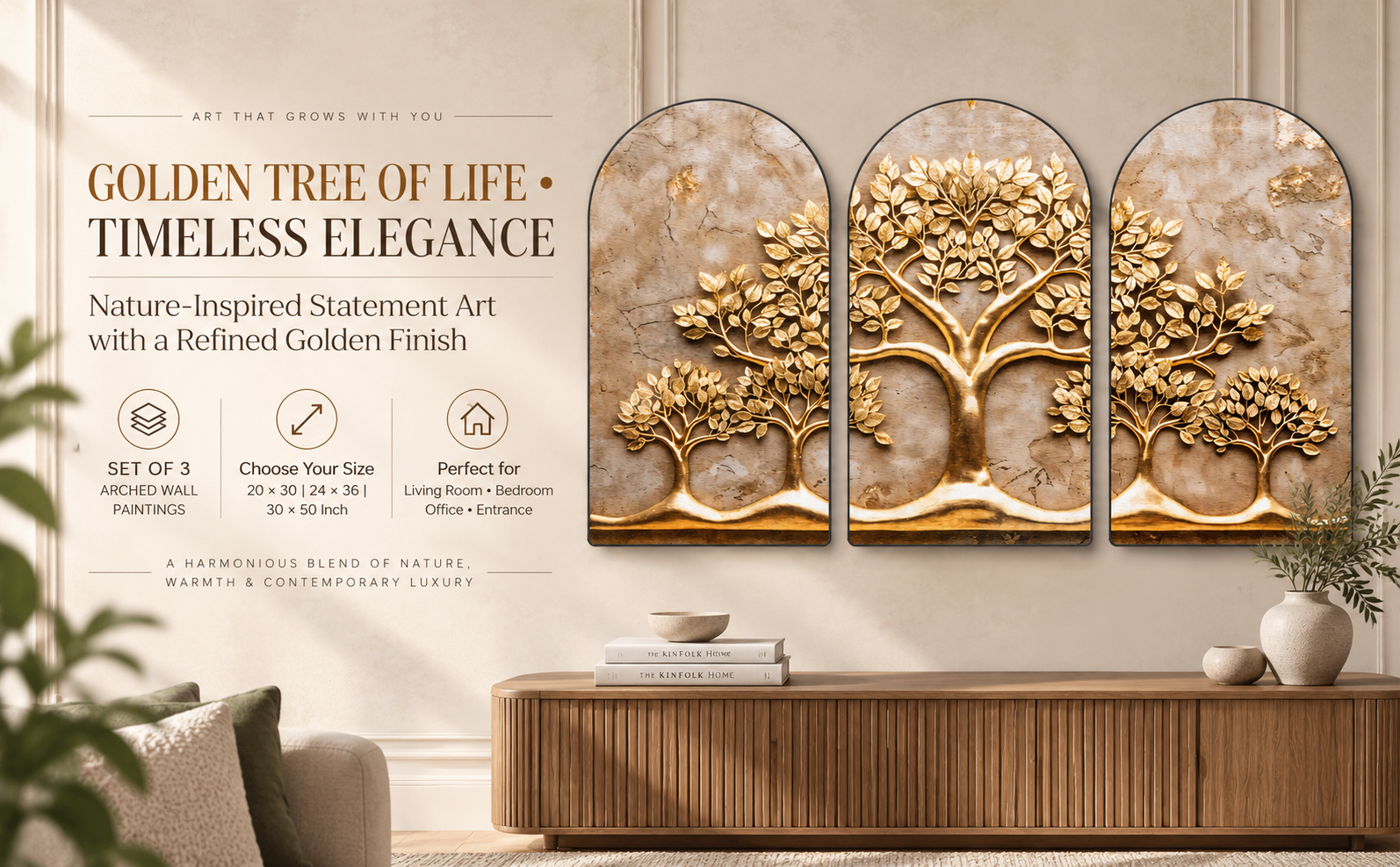 Golden Tree of Life on Textured Beige banner
