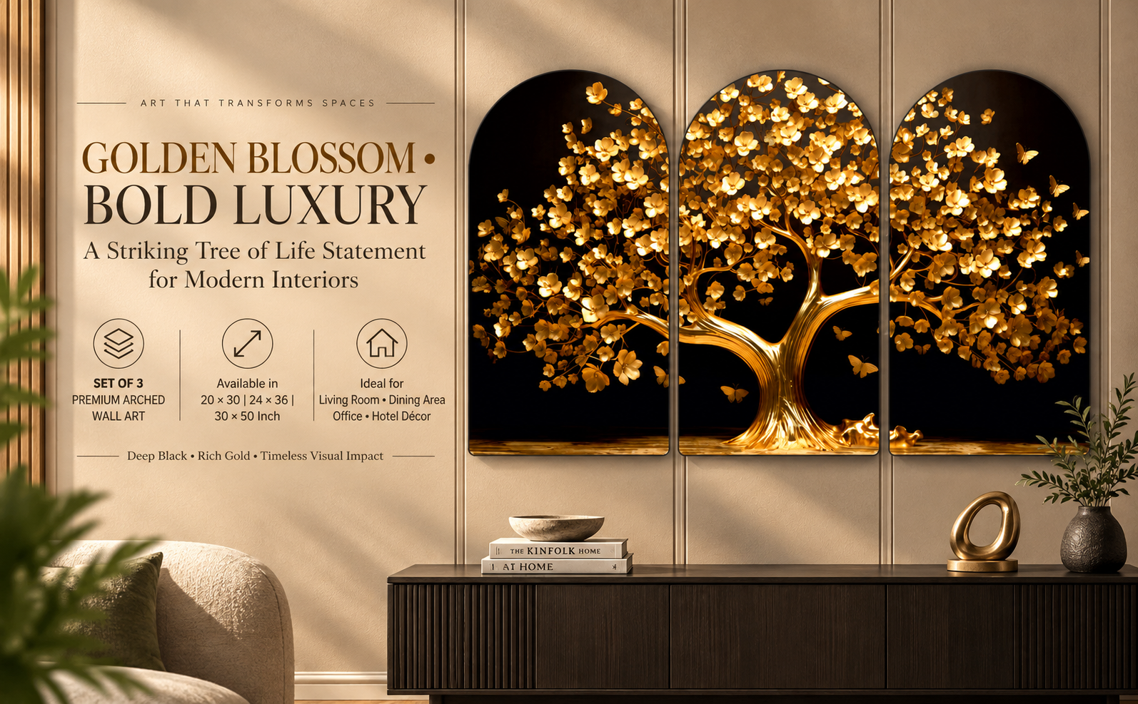 Golden Blossom Tree on Black banner
