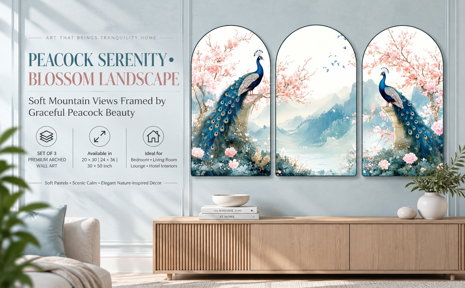 Twin Peacocks with Cherry Blossoms and Mountains banner