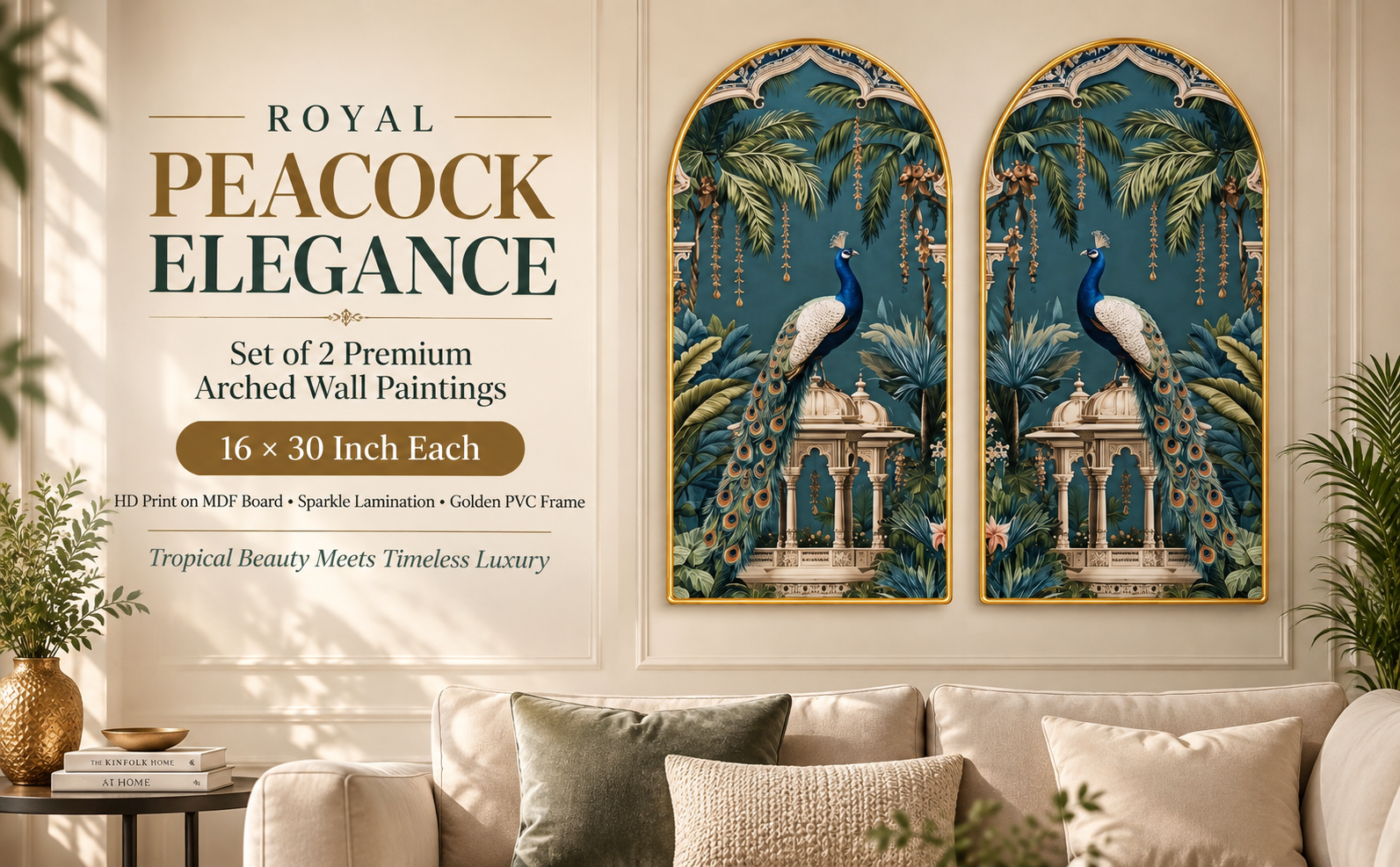 Royal Peacock Elegance Set of 2 Premium Arched Wall Paintings