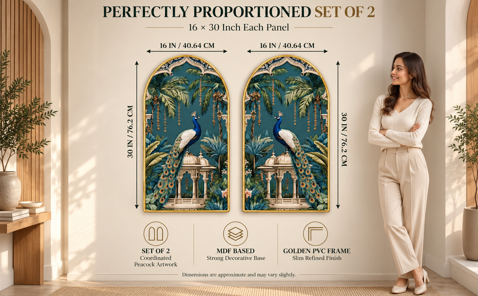 Set of 2 Peacock Arched Wall Paintings size and scale guide