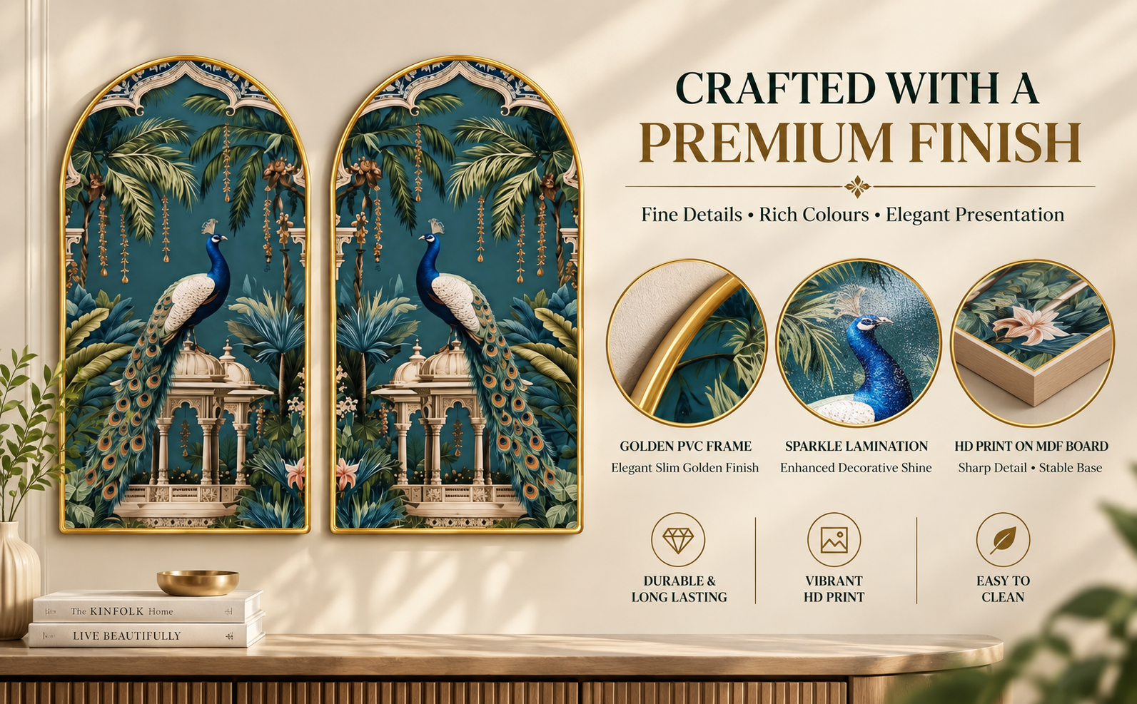 Peacock Arched Wall Paintings frame and finish details