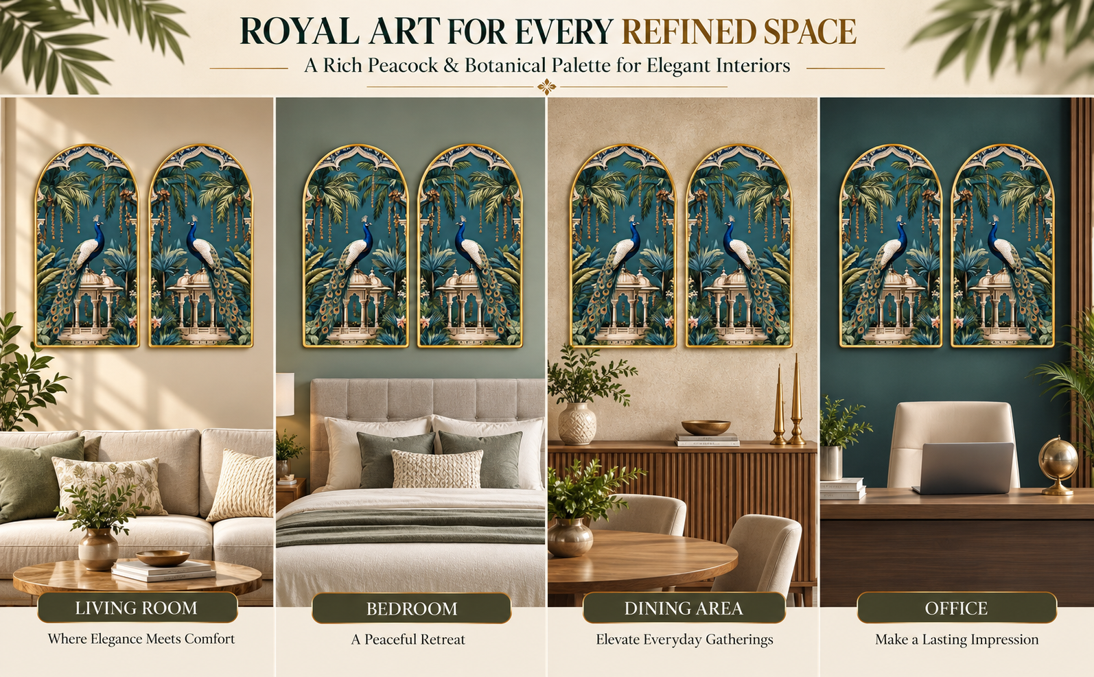 Peacock Arched Wall Paintings in living room bedroom dining area and office