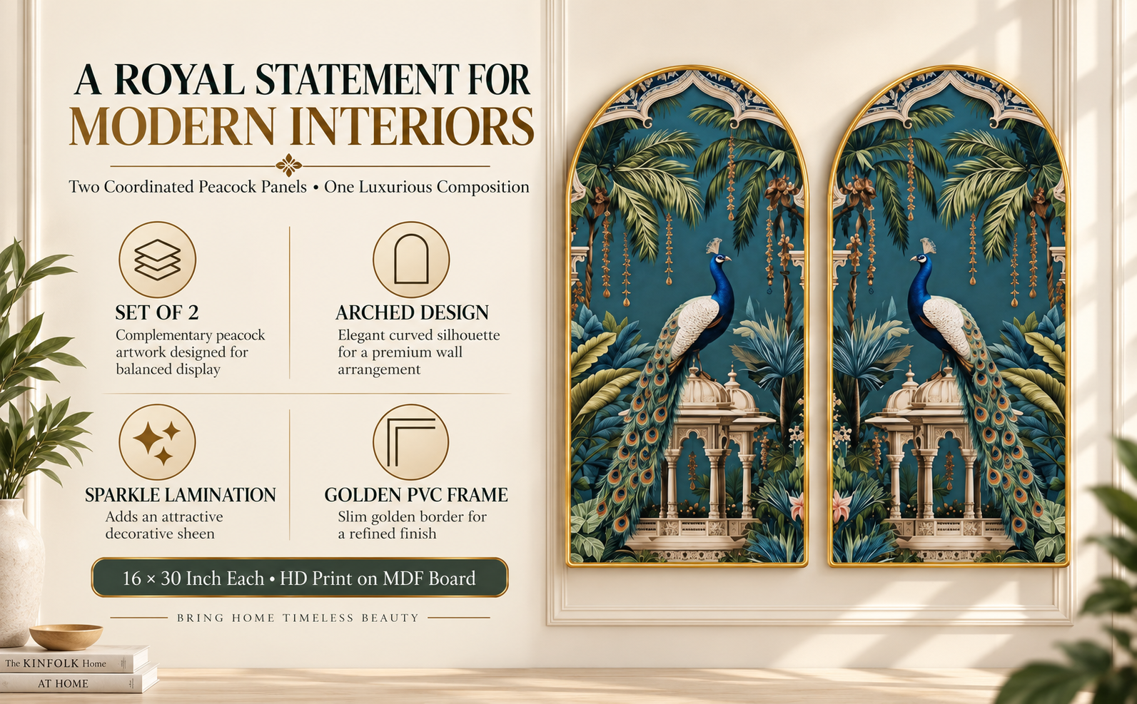 Set of 2 Peacock Arched Wall Paintings feature highlights