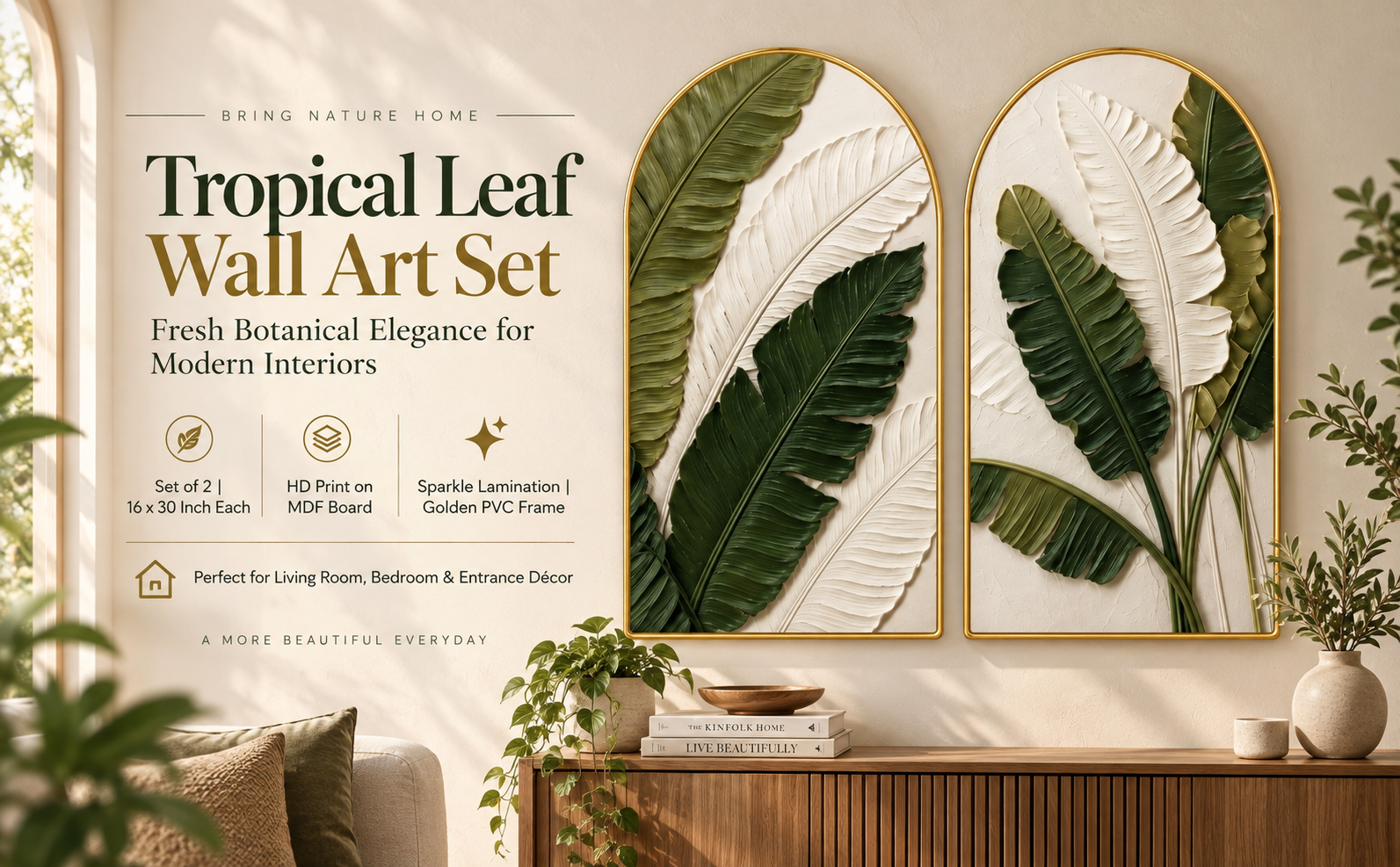 Tropical Green & White Leaf Wall Art banner