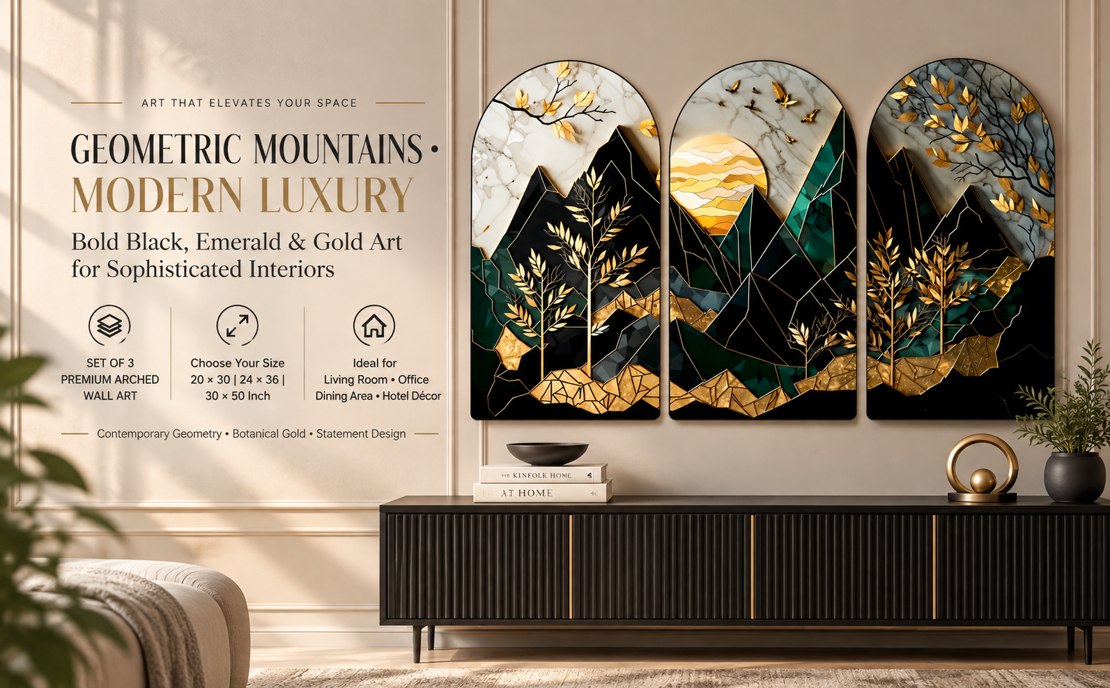 Black Green & Gold Geometric Mountain Art banner