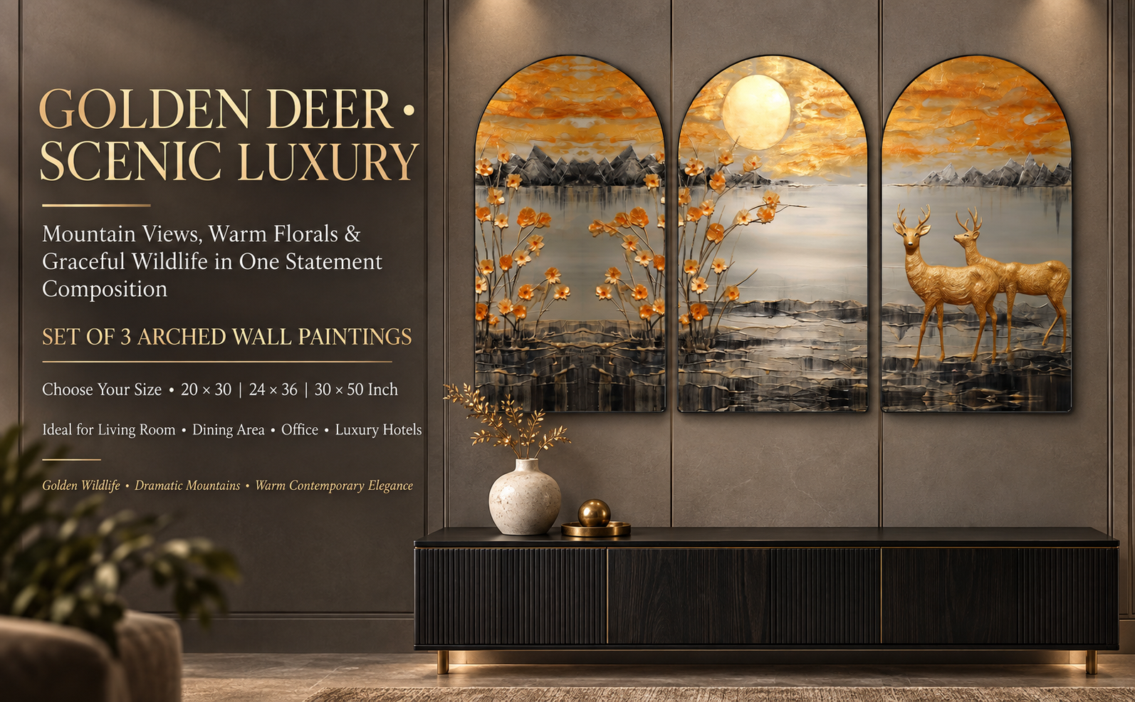 Golden Deer, Mountains & Floral Landscape banner