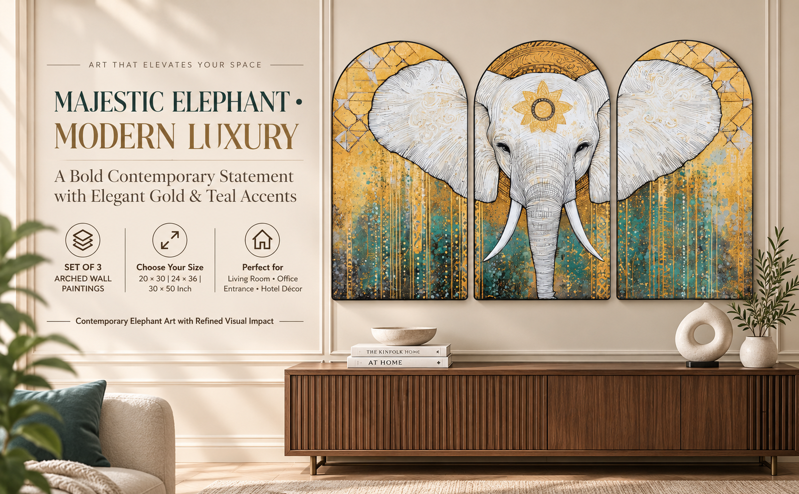 White Elephant Gold & Teal Abstract Art banner
