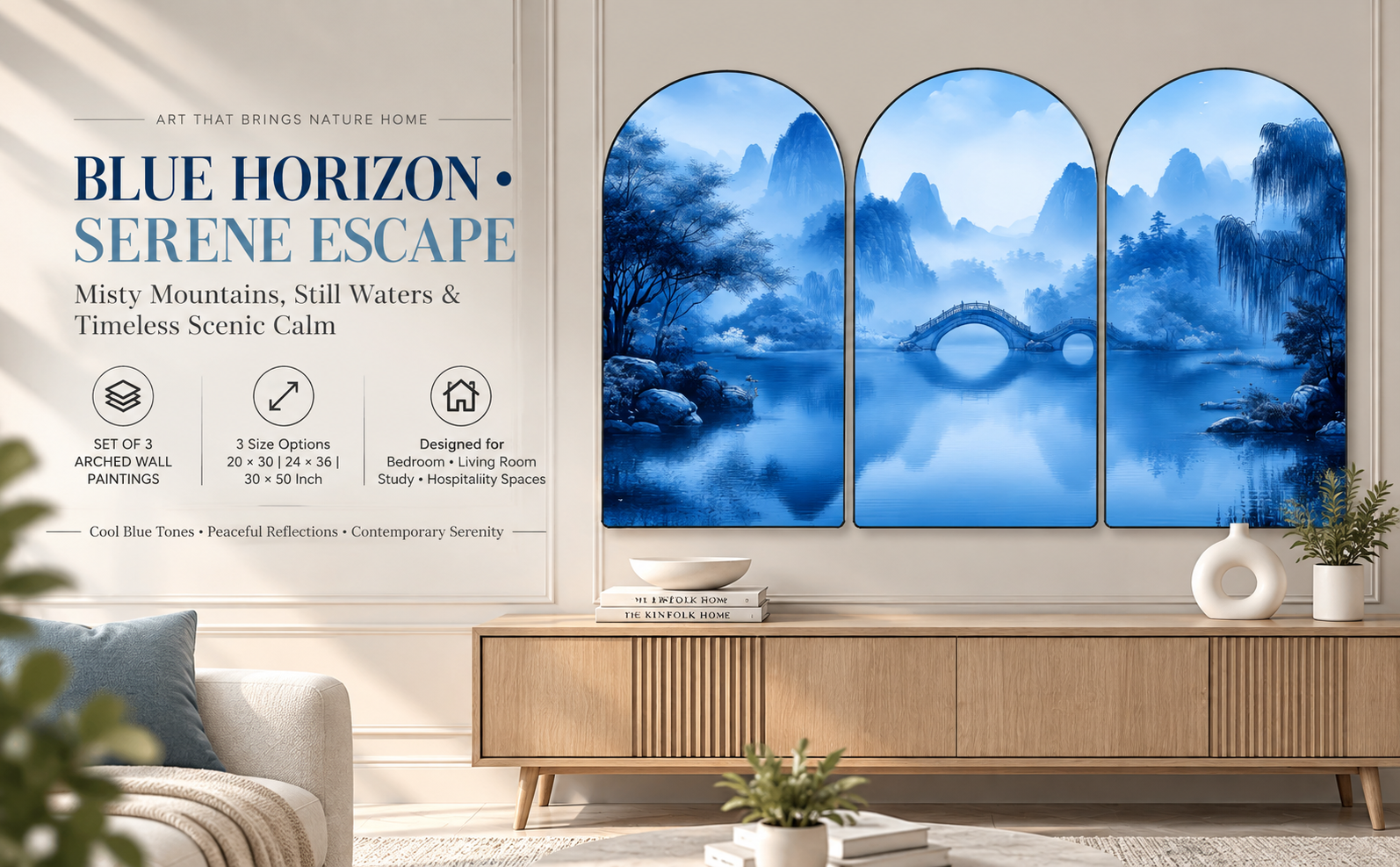 Serene Blue Lake, Bridge & Mountain Landscape banner